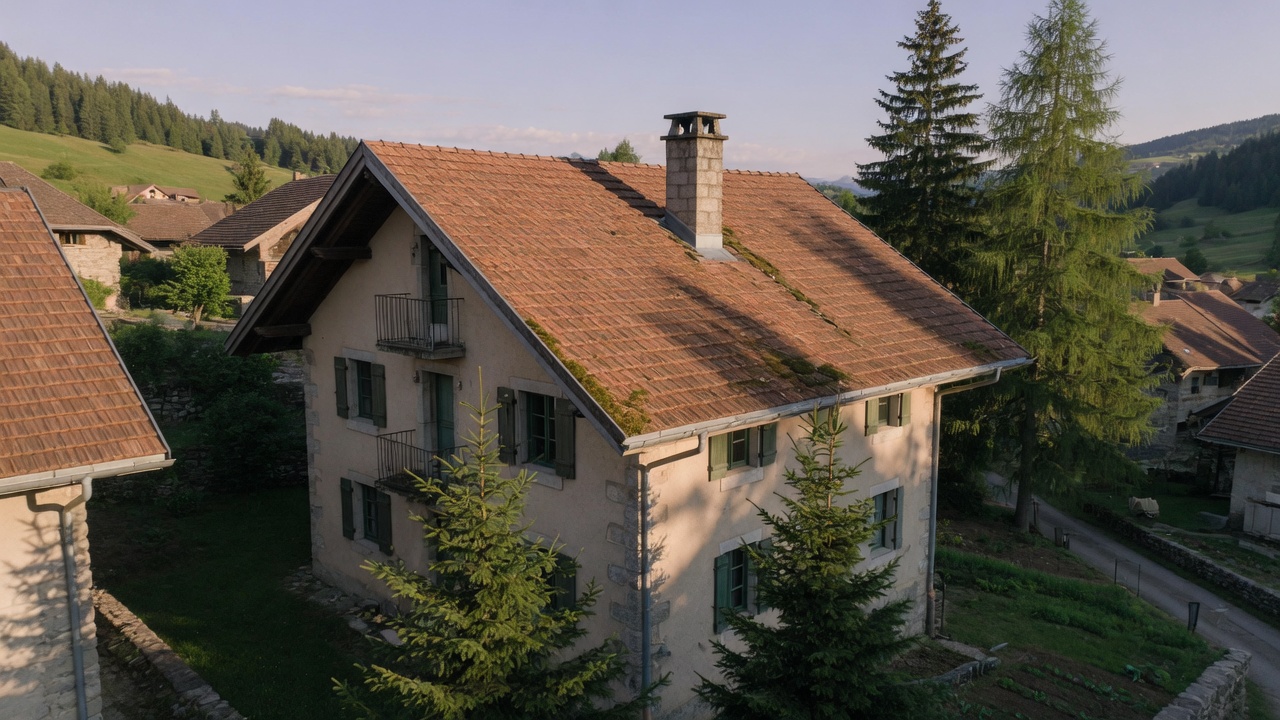 Maison alpine vue du ciel, toiture tuiles et mousse